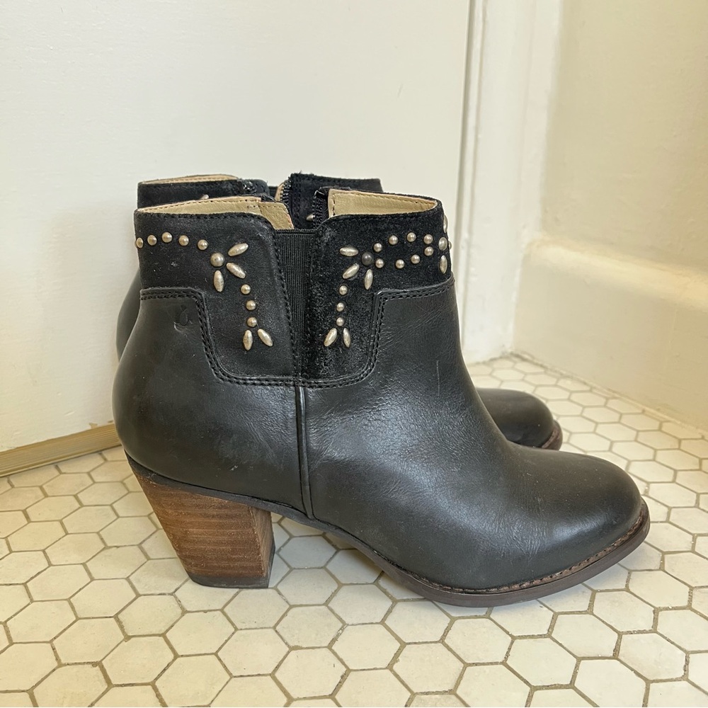Olukai Black Leather Ankle Boots with Studded Design